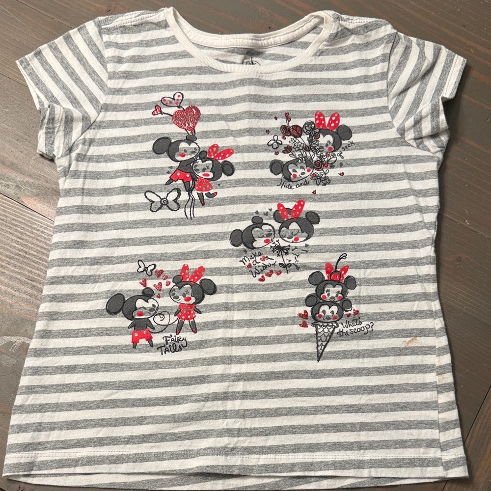 Disney Gray and White Striped Tee with Mickey and Minnie Print